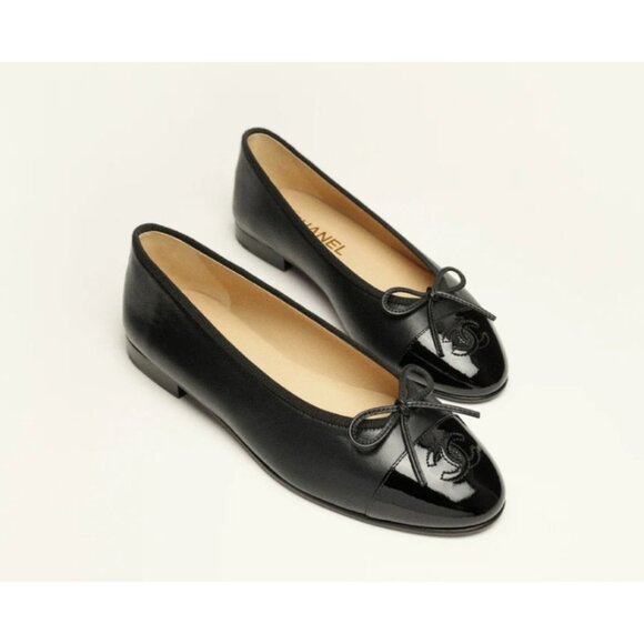 Chanel Womens Lambskin & Patent Calfskin Ballet Flats Slip On Black Size 41 - Picture 1 of 11